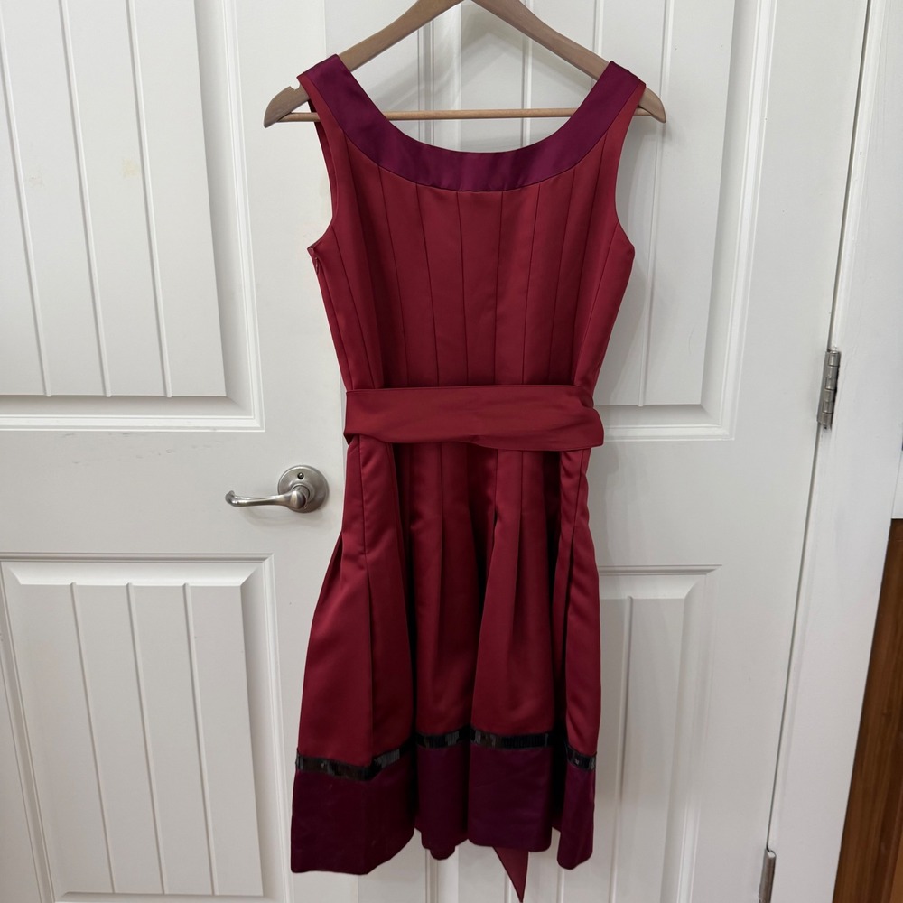 Kay Unger Cocktail Dress Size 6 Burgundy Plum Silk Trim Sequin Colorblock - Picture 2 of 6